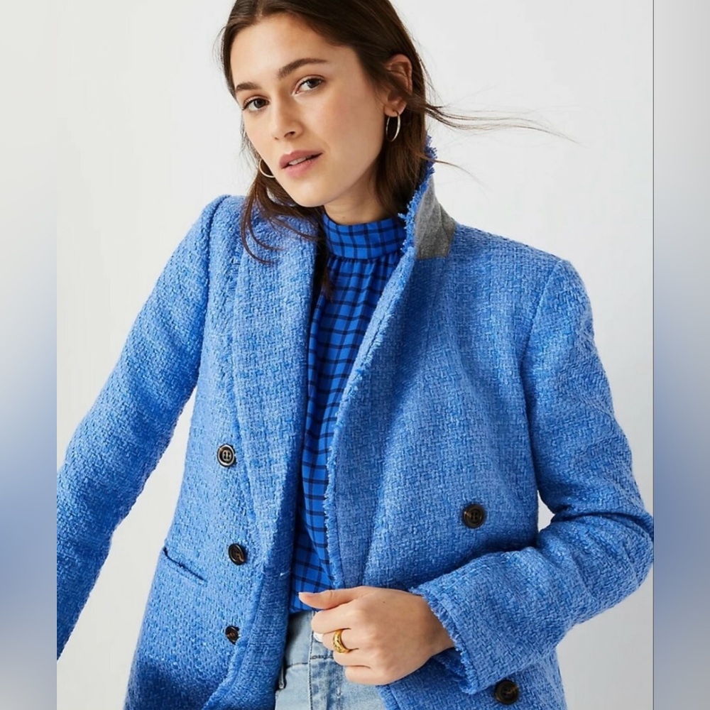 Ann Taylor fringe Tweed Blue Double breasted Blazer Coat in 10